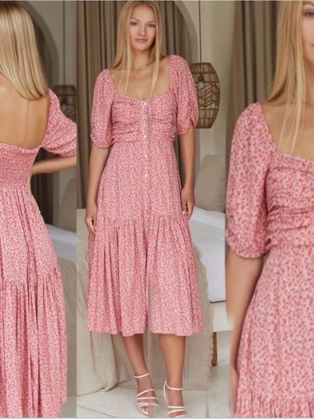 Elf Pink Floral Midi Dress with Puff Sleeves size Large.